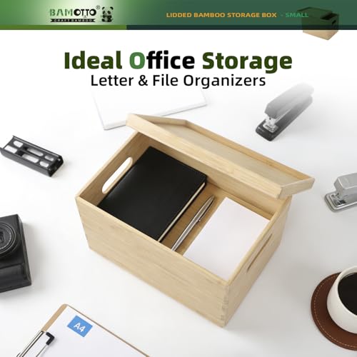 10.2”x7.3”x6.5” Lidded Storage Bins - Stackable Bamboo Box/Cube/Basket with Handles for Home Kitchen Office, Organize Tableware Clothing Toys Books