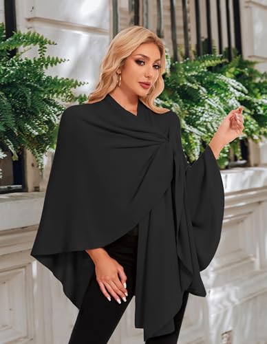 PULI Womens Elegant Cross Front Shawl Wraps Knitted Ponchos Cape Light Weight Poncho Sweater Soft Warm Travel Wraps - color: Black