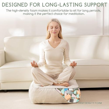 HIGOGOGO 6" Extra Thick Floor Pillow Cushion for Adults, Meditation Cushion Pillow with Handle, Lustrous Chenille Tufted, Square Floor Sitting for Tatami Living Room or Yoga, 22x22 Inch, Beige