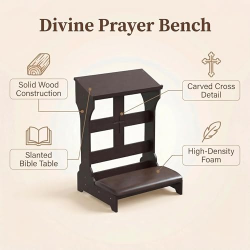 Prayer Kneeler Wooden Bench Stool with Padded Cushion and Storage Shelf - Heavy Duty Solid Wood Prayer Kneeler for Kneeling at Home and Church - Comfortable Padded Religious Kneeling Stool for Worship
