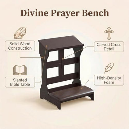 Prayer Kneeler Wooden Bench Stool with Padded Cushion and Storage Shelf - Heavy Duty Solid Wood Prayer Kneeler for Kneeling at Home and Church - Comfortable Padded Religious Kneeling Stool for Worship