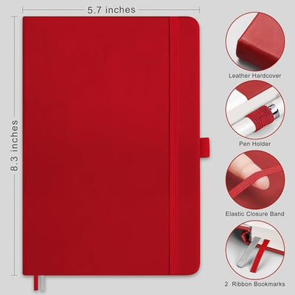 RETTACY Dotted Journal Notebook, 192 Pages, A5 Medium Size (5.7'' x 8.3''), Leather Hardcover, 100 GSM Thick Paper, for Journaling, Planning, Tracking (Red) - color: Red, style: Dotted