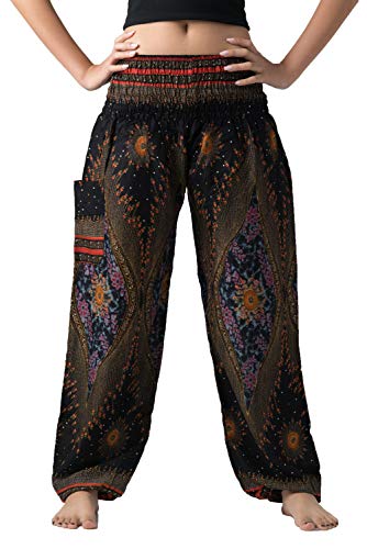 B BANGKOK PANTS Harem Pants Women Yoga Boho Clothes with Pockets - color: Black Peacockeye, size: One Size Extra Long