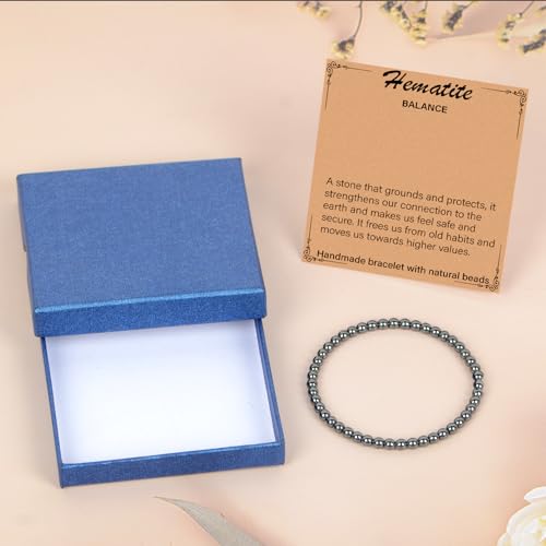 LPBeads Handmade Natural Gemstone Stretch Elastic Bracelet Healing Crystal Round Stone Beads Jewelry Gifts for Women Men - color: Hematite, size: 4mm