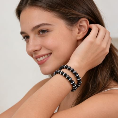 14in Agate Wrap Bracelet for Women Men Natural Round Beaded Agates Stone Healing Stretch Bracelets Elastic Handmade Polished Gemstone Beads Bracelet - color: Black White-2 Agate, size: 8mm Beads