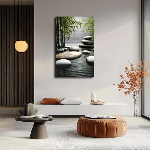 Zen Garden Wall Art With Bamboo And Stones - Tranquil Water Scene Poster Aesthetic Canvas Wall Art Modern Decor Poster for Living Room, Office, Bedroom Home Posters (20×30inch Framed) - size: 20×30inch Framed