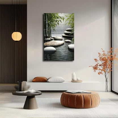 Zen Garden Wall Art With Bamboo And Stones - Tranquil Water Scene Poster Aesthetic Canvas Wall Art Modern Decor Poster for Living Room, Office, Bedroom Home Posters (20×30inch Framed) - size: 20×30inch Framed