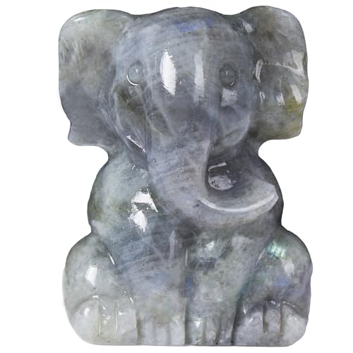 2 Inch Crystal Elephant Decor Statues, Labradorite Cute Sitting Elephant Figurines, Reiki Healing Crystal Carved Animal Statues, Home Office Desk Hand Carved Decor Gifts for Women - color: Light Grey