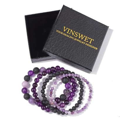 4pcs Beaded Bracelets for Women,Natural Healing Crystal Gemstones Bracelet,Anxiety Stress Relief Bracelet Handmade purple Jewelry Gifts for Women - color: Lepidolite&Lava Rock&Amethyst