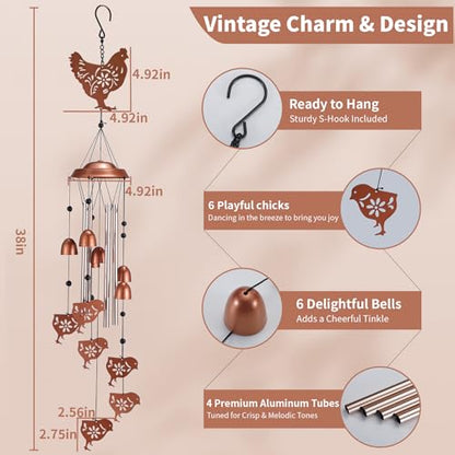 Chicken Wind Chimes Outdoor, Metal Hen and Chicks Gifts for Women Mom Grandma, Unique Garden Patio Yard Decor Windchime - size: Chicken