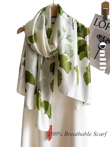 Large Shawl Scarf For Women Lightweight Wraps Silky Headscarf Long Sunscreen Scarfs - color: T30 Green Ginkgo Leaves / 70"x 35"
