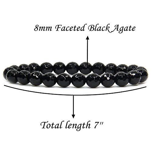 Amandastone Natural Gemstone 8mm Round Beads Stretch Bracelet 7 Inch - color: Faceted Black Agate