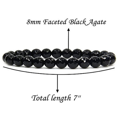 Amandastone Natural Gemstone 8mm Round Beads Stretch Bracelet 7 Inch - color: Faceted Black Agate