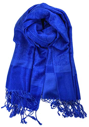 Plum Feathers Two Tone Vintage Paisley Pattern Pashmina Scarf - color: Cobalt Blue