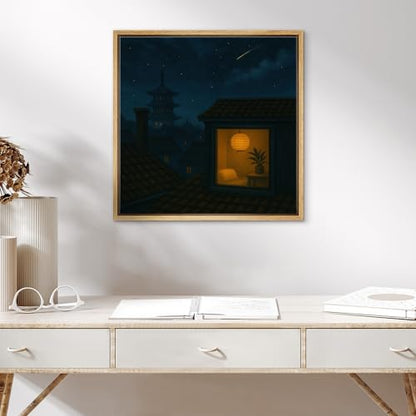 SIGNWIN Framed Canvas Print Wall Art Zen Rooftop Lantern Night Serene Asian-Inspired Illustrations Fine Art Farmhouse/Country for Living Room, Bedroom, Office - 16"x16" NATURAL - color: BS18-2507-SAR14, size: 16L" x 16W"