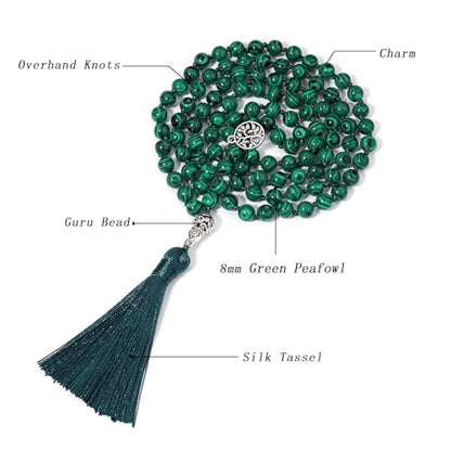 108 Mala Beads Necklace Semi-Precious Gem Stones Meditation Necklace 108 Hand Knotted Japa Mala Beaded Tassel Necklace with Tree of Life Pendant - color: Green Peafowl