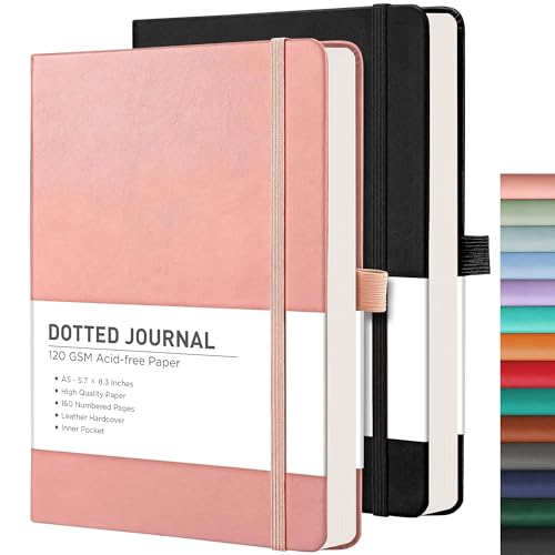 RETTACY Dotted Journal Notebook, 2-Pack, 160 Numbered Pages per Pack, A5 Medium Size (5.7'' x 8.3''), 120 GSM Thick Paper, Leather Hardcover, for Journaling, Planning, Tracking (Black & Pink) - color: Black & Pink, style: Dotted
