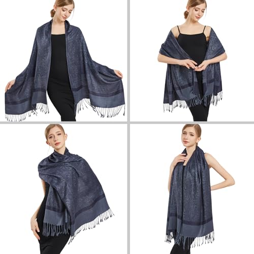 Silky Paisley Pashmina Shawl Scarf-Women's Soft Double-side Jacquard Pashminas Wrap for Evening Dress Travel Shawl - color: A-navy Blue