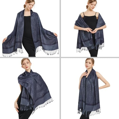 Silky Paisley Pashmina Shawl Scarf-Women's Soft Double-side Jacquard Pashminas Wrap for Evening Dress Travel Shawl - color: A-navy Blue