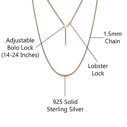 Savlano 925 Sterling Silver Solid 1.5mm Round Box Adjustable Bolo 14-24 Inch Chain Necklace For Women - Made in Italy Comes Gift Box