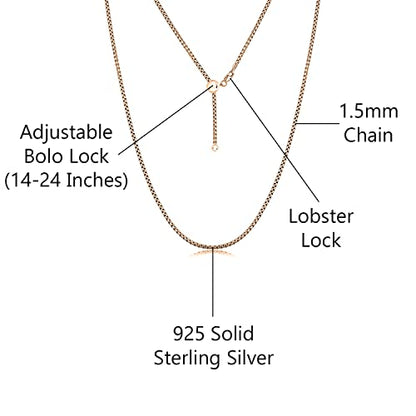 Savlano 925 Sterling Silver Solid 1.5mm Round Box Adjustable Bolo 14-24 Inch Chain Necklace For Women - Made in Italy Comes Gift Box