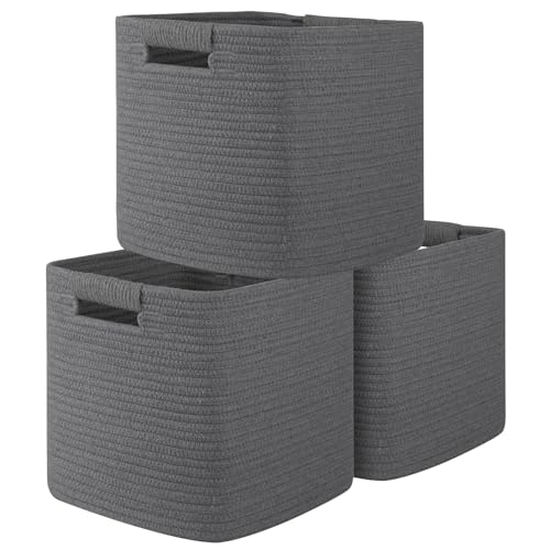 OIAHOMY Storage Cubes 11 Inch Storage Bins-3 Pack, Cotton Rope Woven Baskets for Organizing, Square Baskets for Shelves Organizer, Classroom, Toy Basket, DarK Grey - color: DarK Grey