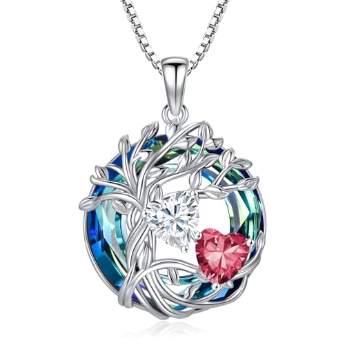 TOUPOP s925 Sterling Silver Family Celtic Tree of Life Pendant Necklaces with 2 Heart Birthstone with Blue Austrian Crystal Jewelry Birthday Valentines Day Gifts for Her, Anniversary Christmas Gifts for Wife Girlfriend Mom (18K Real White Gold Filled) - c