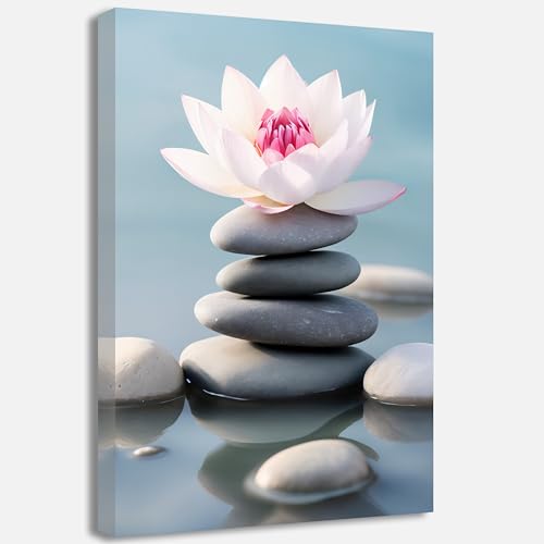 QIXIANG Pink Lotus Flower Canvas Wall Art Zen Stone and Pink Floral Meditation Painting for Serene Home Zen Enthusiasts Home Framed(Lotus-B,28.00" x 42.00") - color: Lotus-B, size: 28L" x 42W"