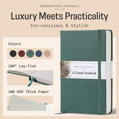 BROWNSTONE JOURNALS A5 Hardcover Lined Journal 5"x8" - Notebook for Work & Writing, 160 Pages Thick 100 GSM Paper, Lay Flat Binding, Elastic Band, Ribbon Bookmark (Darthmouth Green) - color: Dartmouth Green