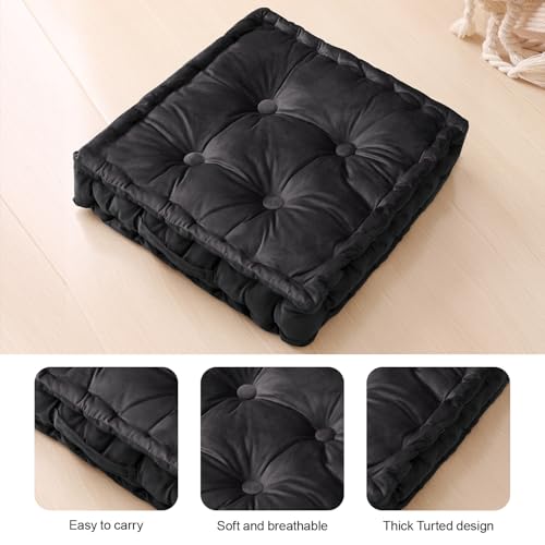 Square Floor Pillows, Large Floor Cushion for Adults Kids, Meditation Floor Pillow Seating Cushion with Shredded Memory Foam and Silk Wadding, 20"x20"x5" Black