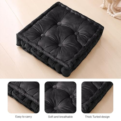Square Floor Pillows, Large Floor Cushion for Adults Kids, Meditation Floor Pillow Seating Cushion with Shredded Memory Foam and Silk Wadding, 20"x20"x5" Black