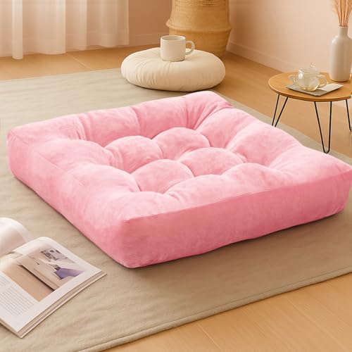 Meditation Floor Pillow Pink, Square Large Pillows Seating for Adults and Teens, Tufted Corduroy Cushion for Living Room Tatami, 22x22 Inch, 1 Count (Pack of 1) - color: Square | Pink | 1 Pack, size: 1 Pack