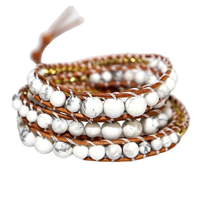 Boho Wrap Bead Bracelet for Women - Handmade Adjustable Natural Stone Beaded Bracelets Yoga Healing Bracelet Bangle Hippie Jewelry - color: White Turquoise #2