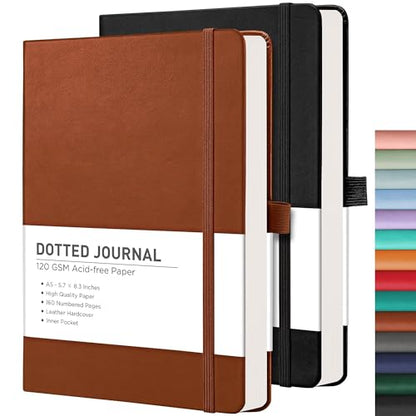 RETTACY Dotted Journal Notebook, 2-Pack, 160 Numbered Pages per Pack, A5 Medium Size (5.7'' x 8.3''), 120 GSM Thick Paper, Leather Hardcover, for Journaling, Planning, Tracking (Black & Brown) - color: Black & Brown, style: Dotted