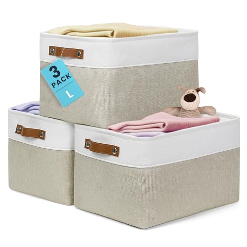 OrganiHaus 15x11in Canvas Storage Baskets 3 Pack | LARGE Fabric Bins for Shelves | Closet & Bedroom Storage | Beige/Off-White - color: Beige / Off-White, size: Large - 3pc