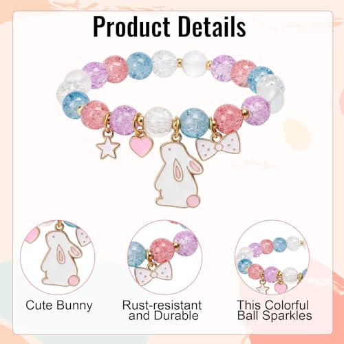 6PCS Easter Bracelets Easter Basket Stuffers Colorful Beaded Stretch Bracelet with Lucky Bunny Charm Spring Holiday Gifts for Women Party Favors Celebration Accessories