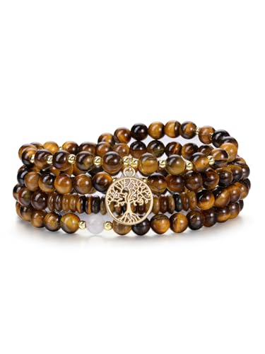 Top Plaza Amethyst Prayer Beads Bracelet Long Beaded Necklace Natural Gemstone 108 Mala Beads Tree Life Yoga Meditation Bracelet Necklace - color: Tiger Eye Stone