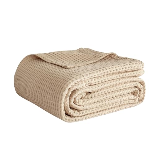 100% Cotton Waffle Weave Blanket Queen Size, Soft Lightweight Breathable Cozy Blankets for Bed Couch Home Décor All-Season Use (Beige, 90"x90") - color: Beige, size: Queen (90"x90")