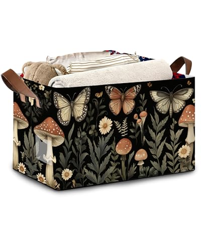 Vintage Mushroom Storage Baskets,Butterfly Plants Foldable Large Capacity Organizer Bins with Waterproof Lining and Leather Handles for Closet,Shelf,Bedroom 17x11.5x10Inch - color: Vintage Mushroom Butterfly Plants