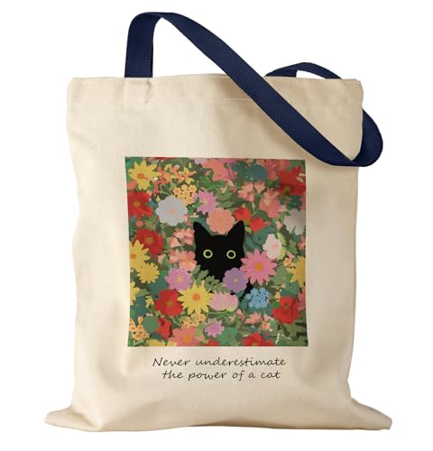 Miss Adola Aesthetic Canvas Tote Bag - Reusable Shoulder Tote Bag for Women Lady Casual Vacation, Shopping, Work, Gym - style: Cat in Flower