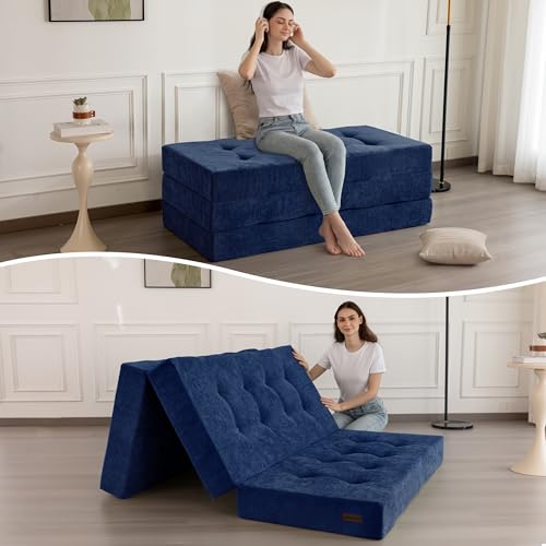 MAXYOYO 6" Folding Sofa Bed for Floor, Tufted Tri-Fold Floor Mattress with Chenille Fabric, Queen Size Portable Sofa Couch Guest Mat for Adults, Foldable Topper for Camping, Navy, 59"x78.7" - color: Navy, size: Queen