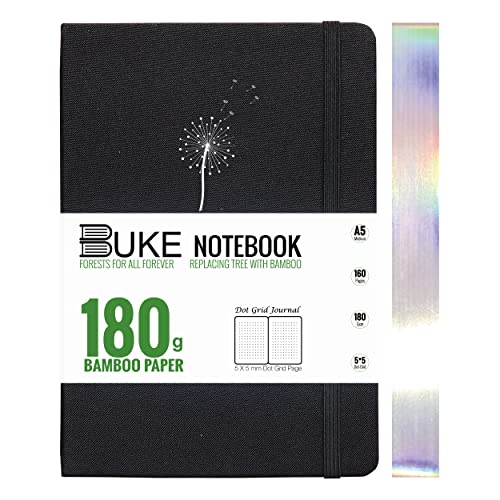 BUKE Dot Grid Notebook Dotted Journal,180Gsm Bamboo White Paper, 5 * 5MM Dots 160 Pages, Lay Flat Binding,Colored Silver Edges, Bookmarks and Expandable Back Pocket Dandelion