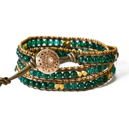 YGLINE Natural Stone Wrap Bracelet for Women Boho Bracelets Healing Crystal Beaded Bracelet Adjustable 3/5 Wraps Bracelet Handmade Birthday Gifts for Women - color: Green Agate(3 wraps)
