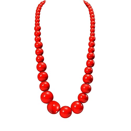 COLORFUL BLING Ethnic Natural Wood Beads Necklace for Men Women Africa Wooden Chain Chunky Strand Necklace Statement Hip Hop Jewelry - color: red 75cm
