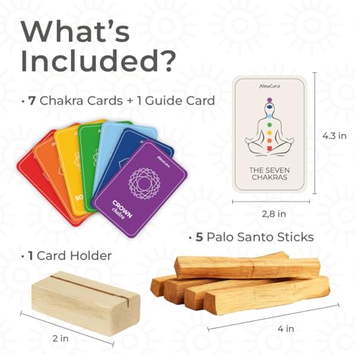 Chakra Cards and Palo Santo Gift Set Including 7 Chakra Affirmation Cards with Wooden Stand and 5 Smudge Sticks from Peru for Meditation, Yoga and Spiritual Rituals
