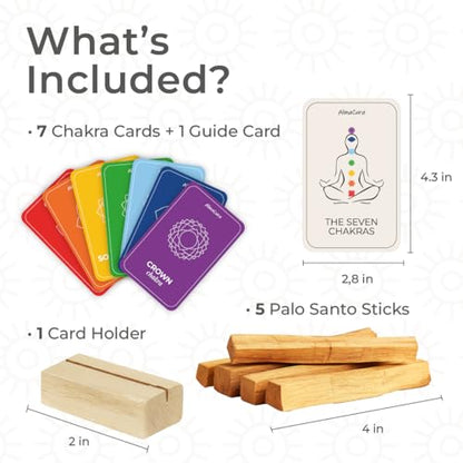 Chakra Cards and Palo Santo Gift Set Including 7 Chakra Affirmation Cards with Wooden Stand and 5 Smudge Sticks from Peru for Meditation, Yoga and Spiritual Rituals