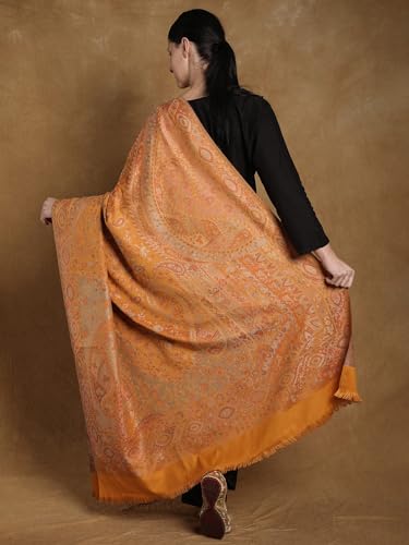 Exotic India Reversible Jamawar Shawl with Woven Paisleys - Wool - color: Golden Orange