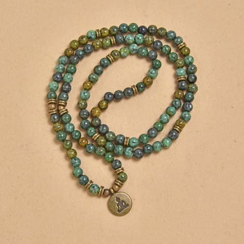 108 Mala Beads Bracelet Necklace with Yoga Symbol Buddha Charm – Gold-Plated Meditation Jewelry, Healing Stone, Ideal Spiritual Gift for Yoga & Meditation - style: African Turquoise