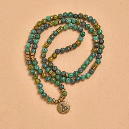 108 Mala Beads Bracelet Necklace with Yoga Symbol Buddha Charm – Gold-Plated Meditation Jewelry, Healing Stone, Ideal Spiritual Gift for Yoga & Meditation - style: African Turquoise