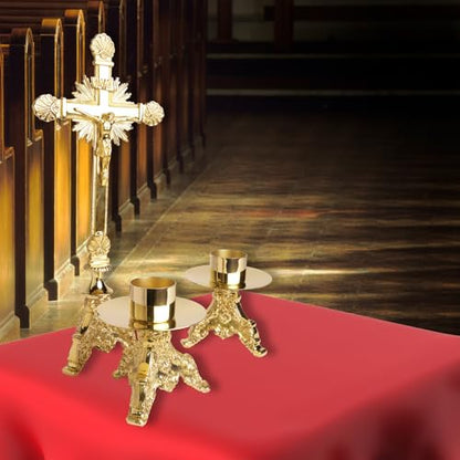 Needzo Elegant Brass Cross with Candle Holders Altar Set, Catholic Church Supplies, 16.75 Inches